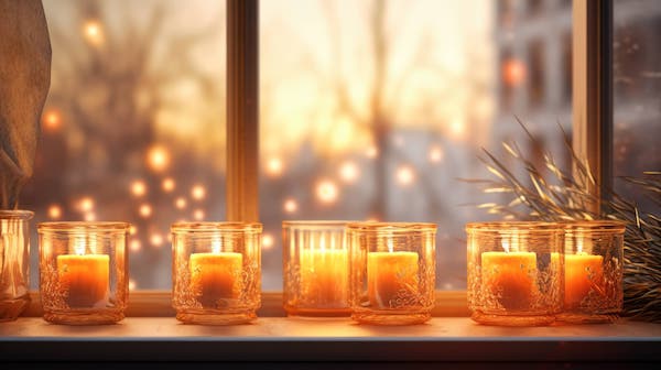 lit tea lights on window sill in winter