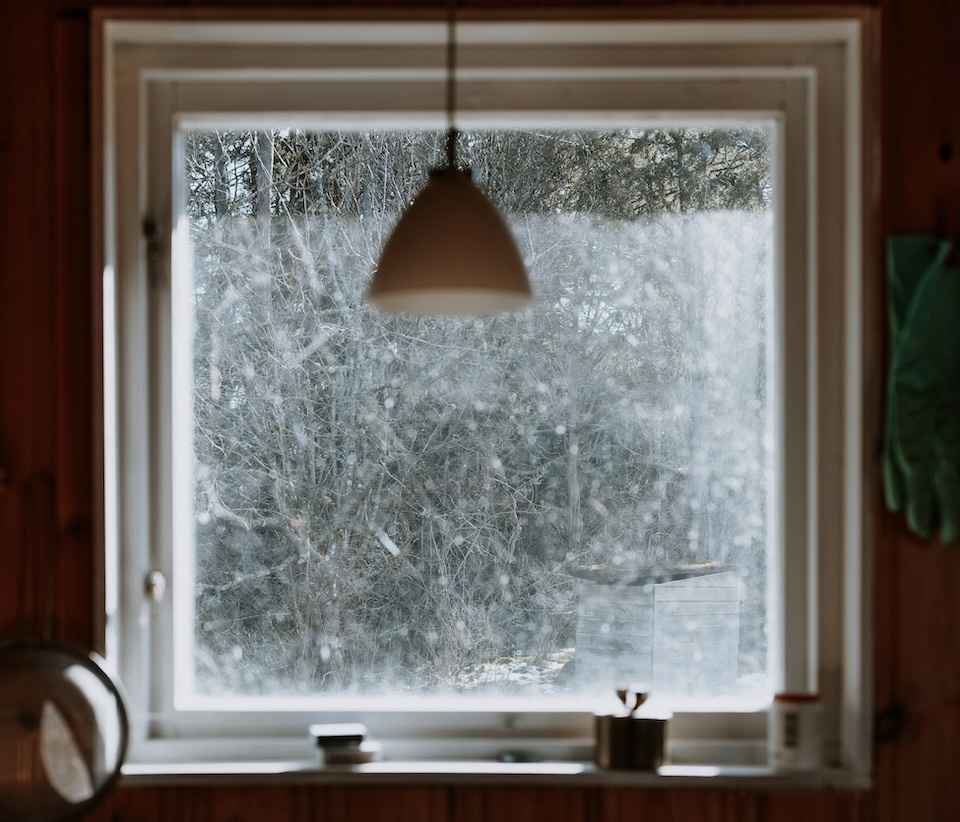 large window overlooking snowy woods