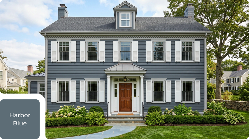coastal colonial home with blue siding and white shutters